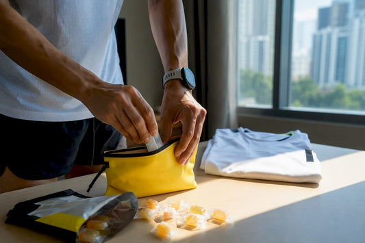 Runner preparing chews for marathon fueling