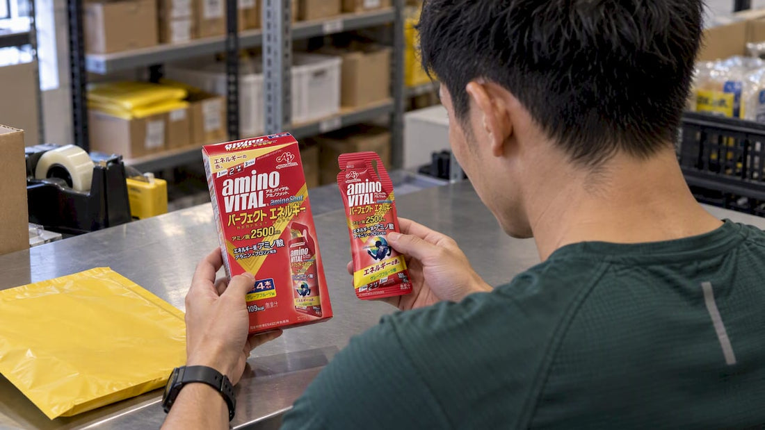 Athlete checking authentic Aminoshot packaging
