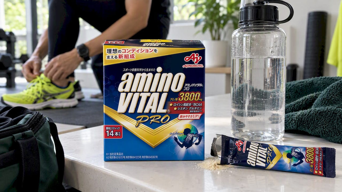 AminoVITAL PRO sachets beside water bottle