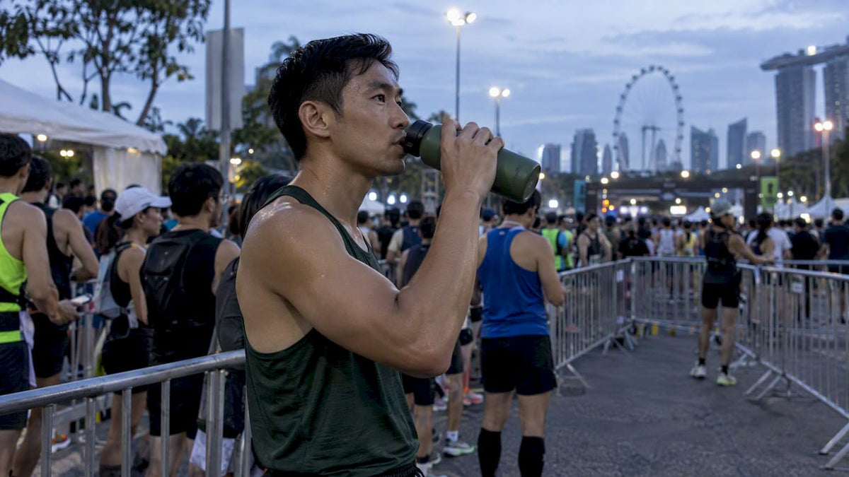 Runner hydrating before humid Singapore race