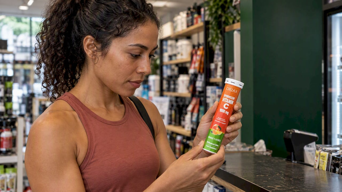 Athlete checking Orzax Vitamin C tube