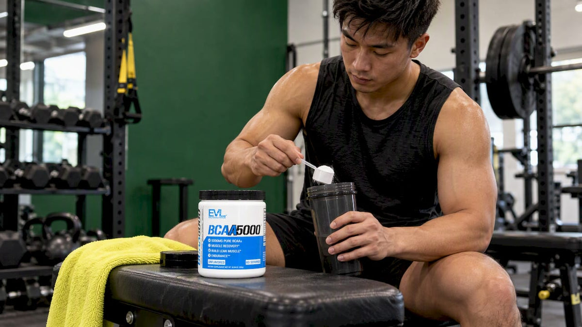 Athlete considers BCAA powder between strength sets