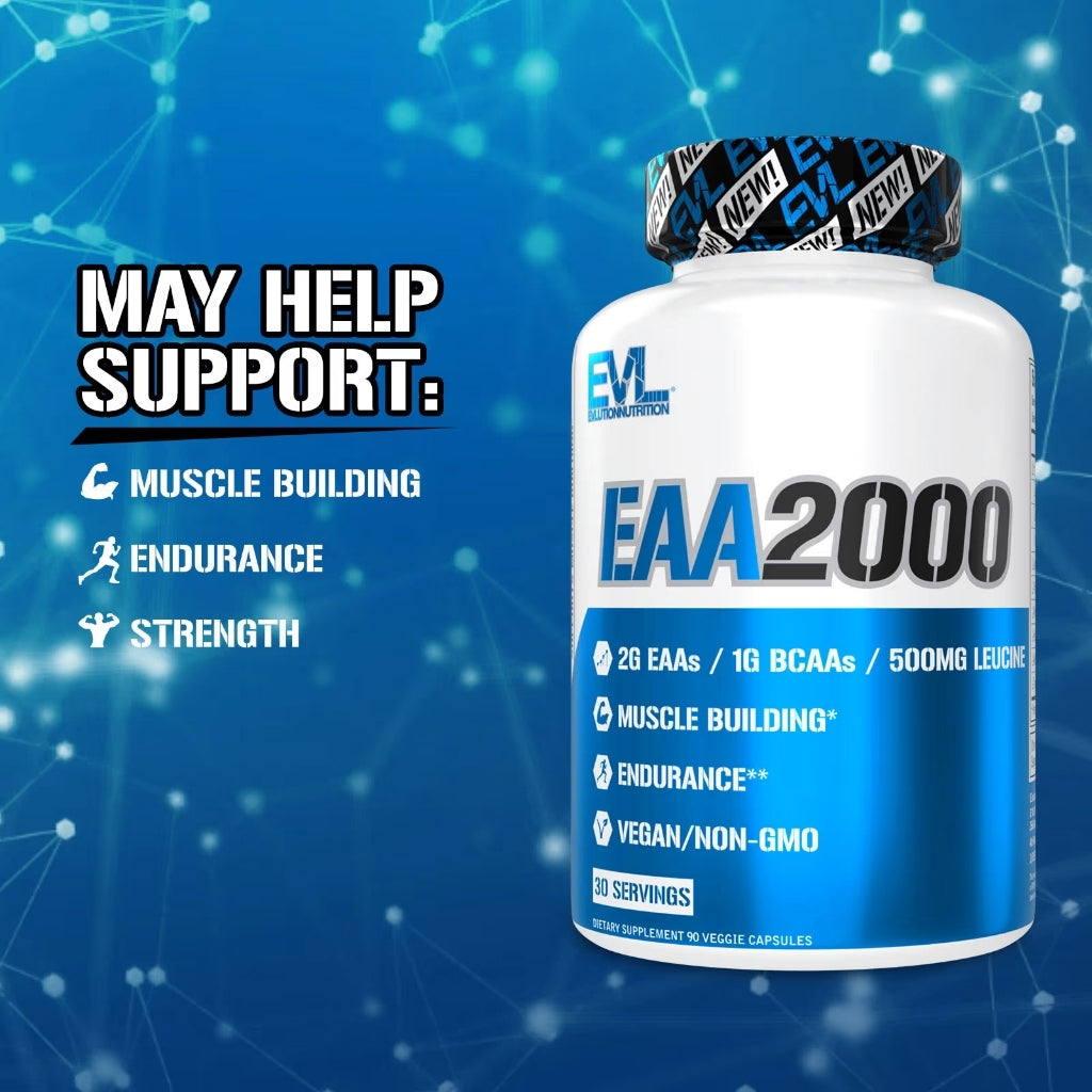 EvLution Nutrition EAA2000 Essential Amino Acids 90 Veggie Capsules – Muscle Recovery, Endurance & Performance