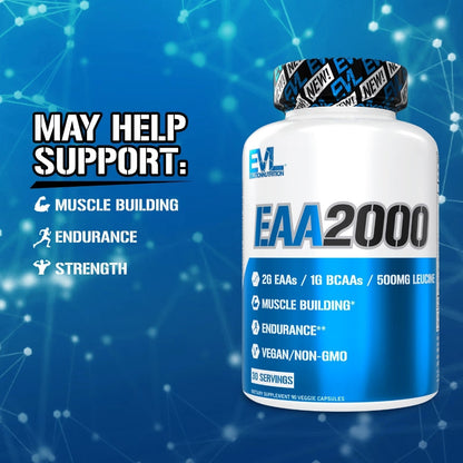 EvLution Nutrition EAA2000 Essential Amino Acids 90 Veggie Capsules – Muscle Recovery, Endurance & Performance