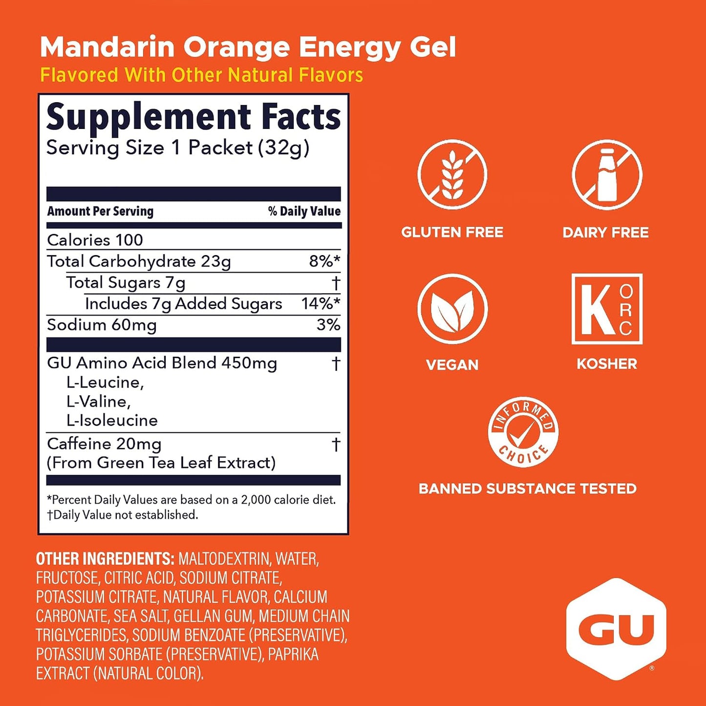 GU Energy Gel –  Mandarin Orange Caffeinated – 6, 12 or 24 Pack | Running & Endurance