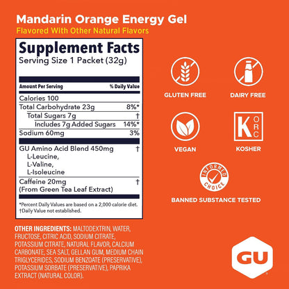 GU Energy Gel –  Mandarin Orange Caffeinated – 6, 12 or 24 Pack | Running & Endurance
