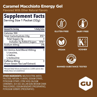 GU Energy Gel – Caramel Macchiato Caffeinated – 6, 12 or 24 Pack | Running & Endurance
