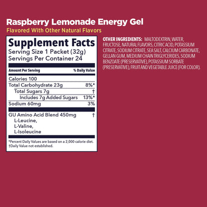 GU Energy Gel – Raspberry Lemonade Non-Caffeinated – 6, 12 or 24 Pack | Running & Endurance