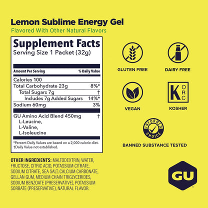 GU Energy Gel – Lemon Sublime Non-Caffeinated – 6, 12 or 24 Pack | Running & Endurance