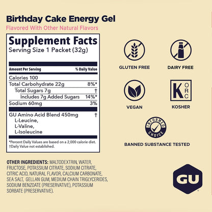 GU Energy Gel –  Birthday Cake Non-Caffeinated – 6, 12 or 24 Pack | Running & Endurance