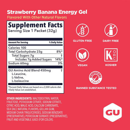 GU Energy Gel – Strawberry Banana Non-Caffeinated – 6, 12 or 24 Pack | Running & Endurance