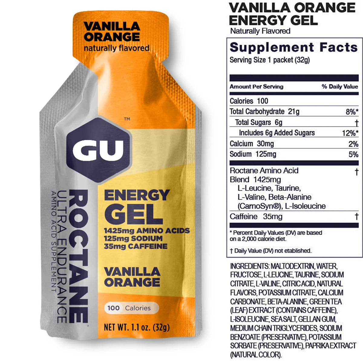 GU Roctane Energy Gel – Vanilla Orange Caffeinated – 6, 12 or 24 Pack | Ultra Endurance Fuel