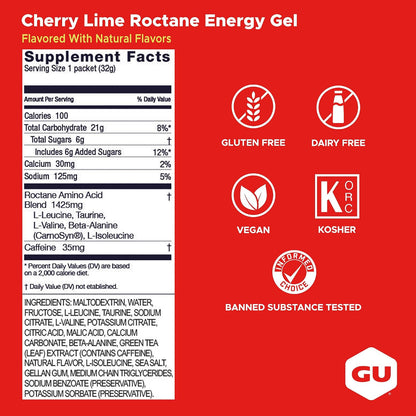 GU Roctane Energy Gel – Cherry Lime Caffeinated – 6, 12 or 24 Pack | Ultra Endurance Fuel