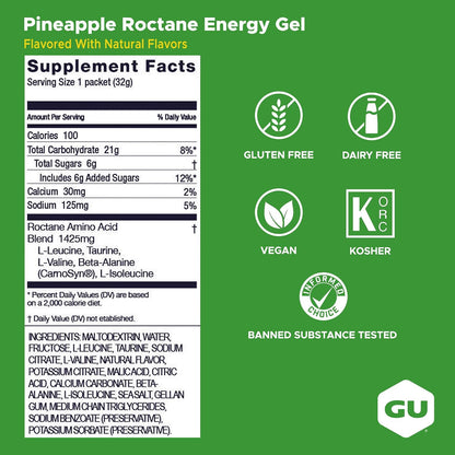 GU Roctane Energy Gel – Pineapple Flavour Non-Caffeinated – 6, 12 or 24 Pack | Ultra Endurance Fuel