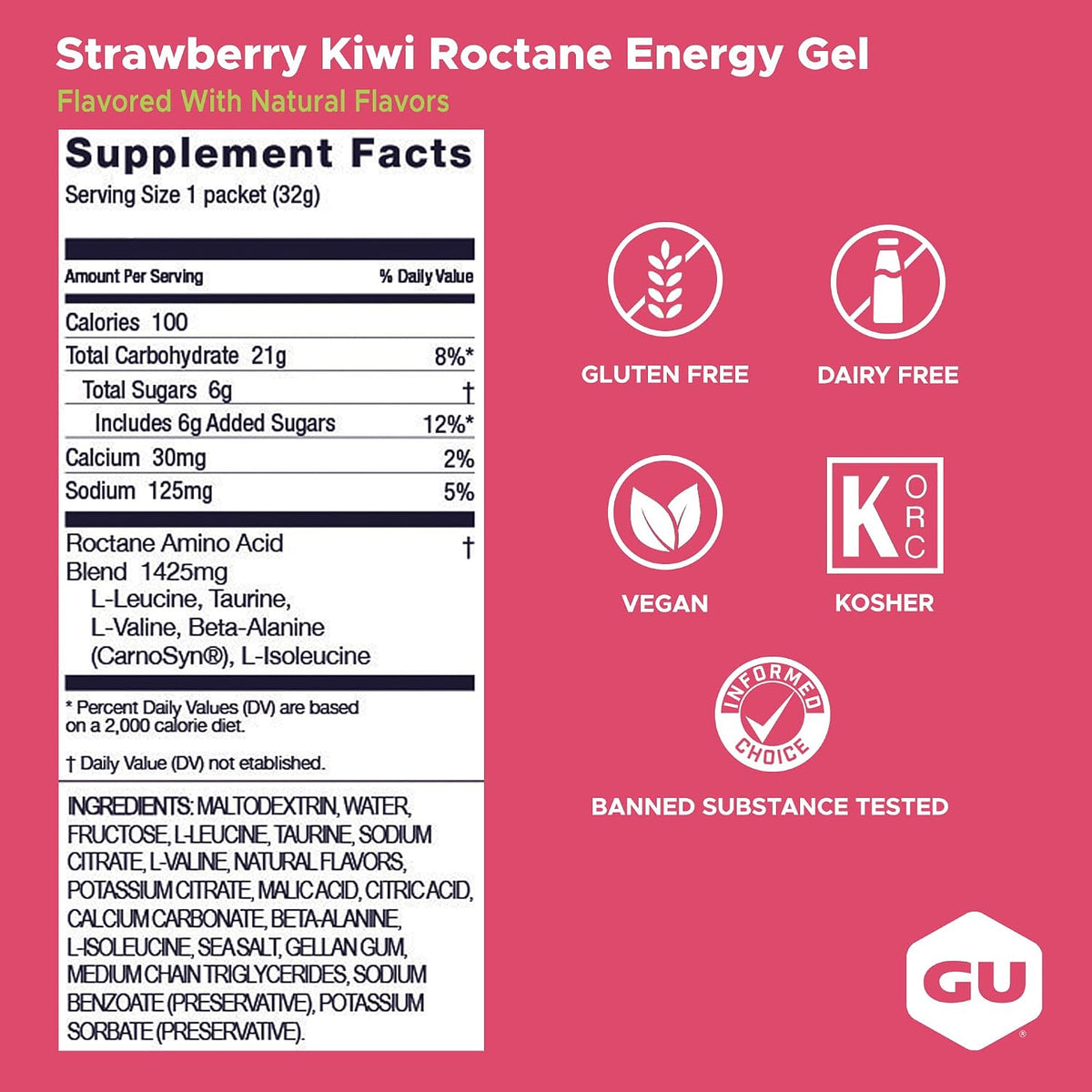 GU Roctane Energy Gel – Strawberry Kiwi Non-Caffeinated – 6, 12 or 24 Pack | Ultra Endurance Fuel