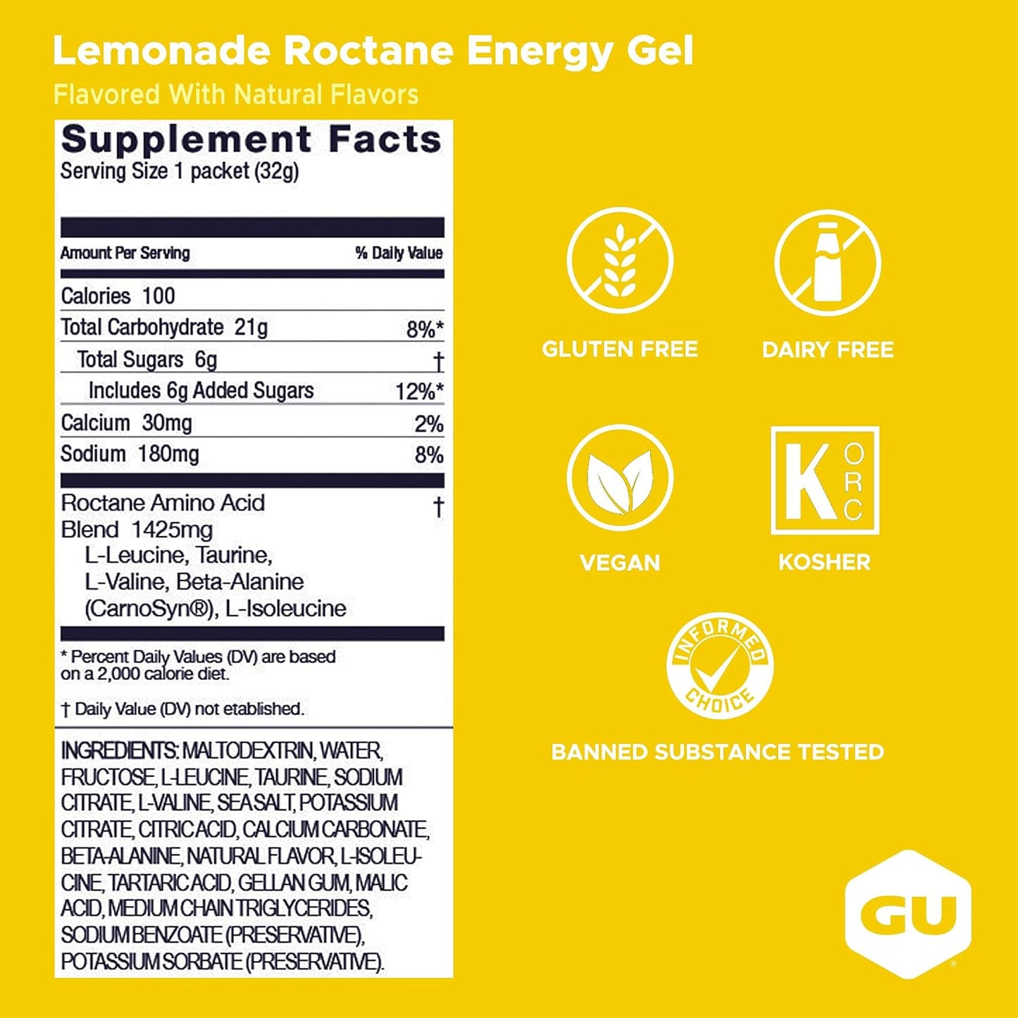 GU Roctane Energy Gel – Lemonade Non-Caffeinated – 6, 12 or 24 Pack | Ultra Endurance Fuel