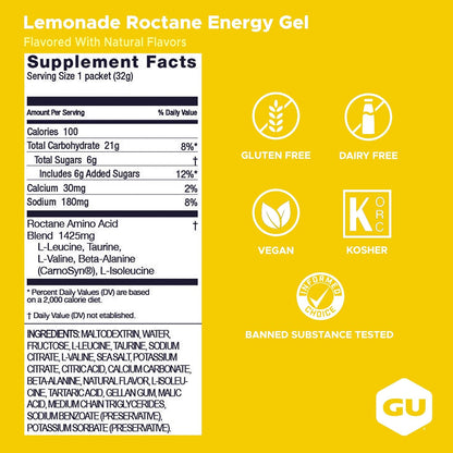 GU Roctane Energy Gel – Lemonade Non-Caffeinated – 6, 12 or 24 Pack | Ultra Endurance Fuel