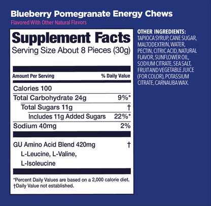 GU Energy Chews – Blueberry Pomegranate Non-Caffeinated – 1, 4 or 12 Pack | Running & Endurance