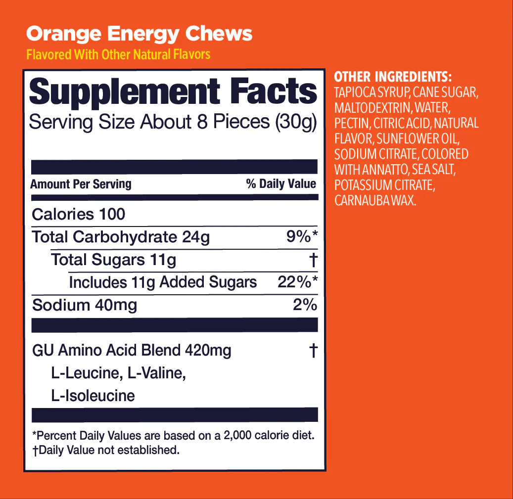 GU Energy Chews – Orange Flavour Non-Caffeinated – 1, 4 or 12 Pack | Running & Endurance