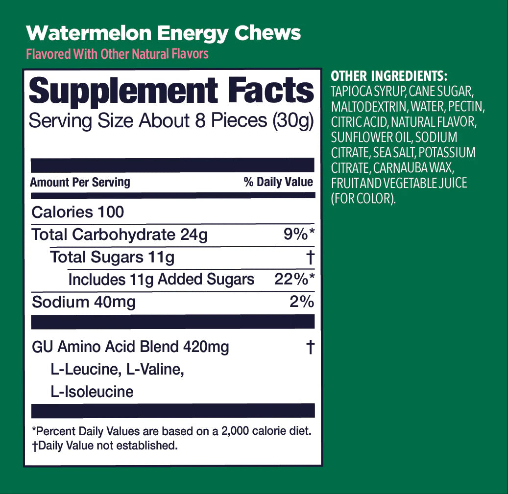 GU Energy Chews – Salted Watermelon Non-Caffeinated – 1, 4 or 12 Pack | Running & Endurance