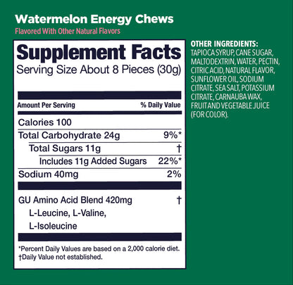 GU Energy Chews – Salted Watermelon Non-Caffeinated – 1, 4 or 12 Pack | Running & Endurance