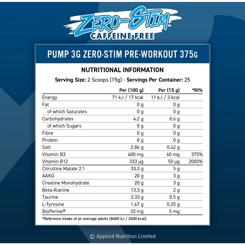 Applied Nutrition Pump 3G Zero Stim 375g – Caffeine-Free Pre-Workout for Muscle Pump, 25 Servings