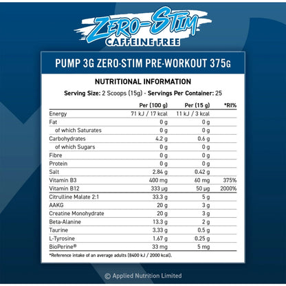 Applied Nutrition Pump 3G Zero Stim 375g – Caffeine-Free Pre-Workout for Muscle Pump, 25 Servings