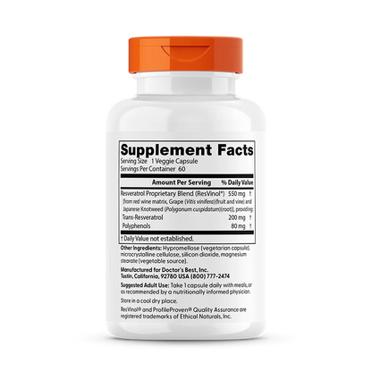 Doctor's Best Trans-Resveratrol 200 with Resvinol, 200 mg, 60 Veggie Caps