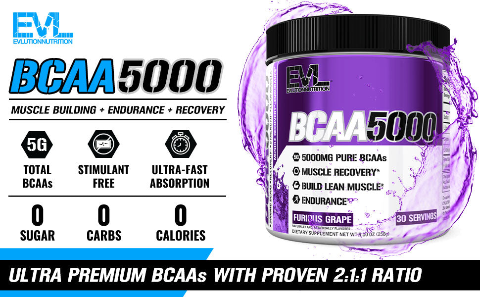 EVLution Nutrition BCAA 5000粉（选择口味和份量） 建立和修复肌肉 恢复 增强力量 耐力 生酮友好