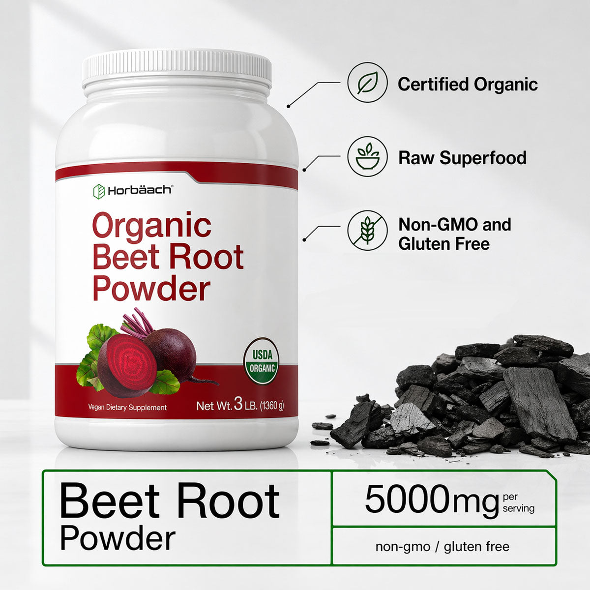 Horbaach Organic Beet Root Powder Raw Superfood Vegan 3LB 272 Servings