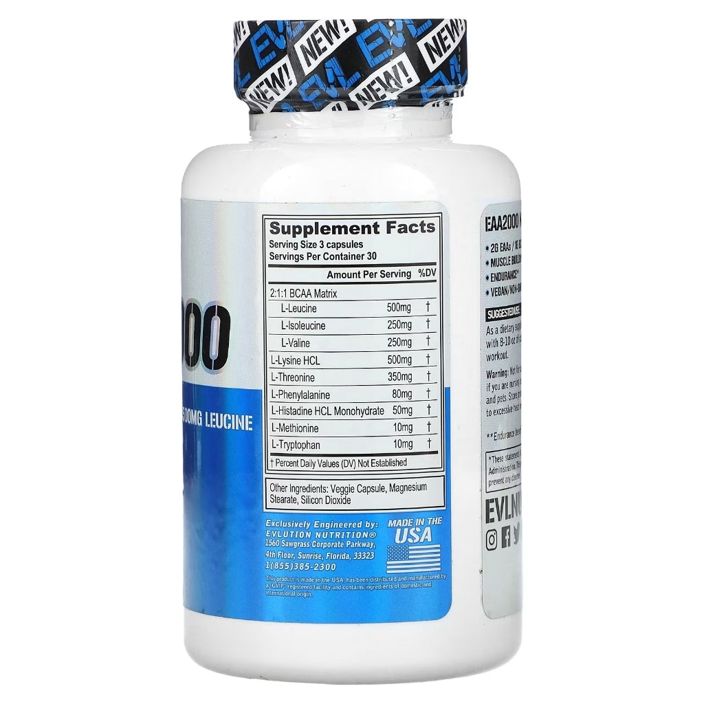 EvLution Nutrition EAA2000 Essential Amino Acids 90 Veggie Capsules – Muscle Recovery, Endurance & Performance