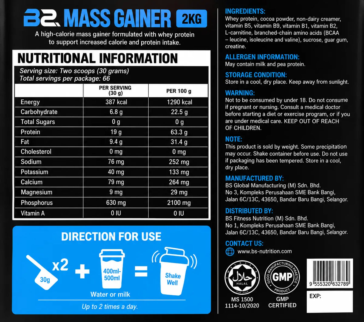 BS Nutrition Mass Gainer 2kg nutrition and ingredients
