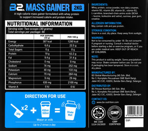 BS Nutrition Mass Gainer 2kg nutrition and ingredients