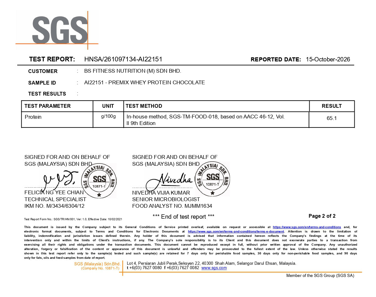 BS Nutrition Whey Protein SGS product test report