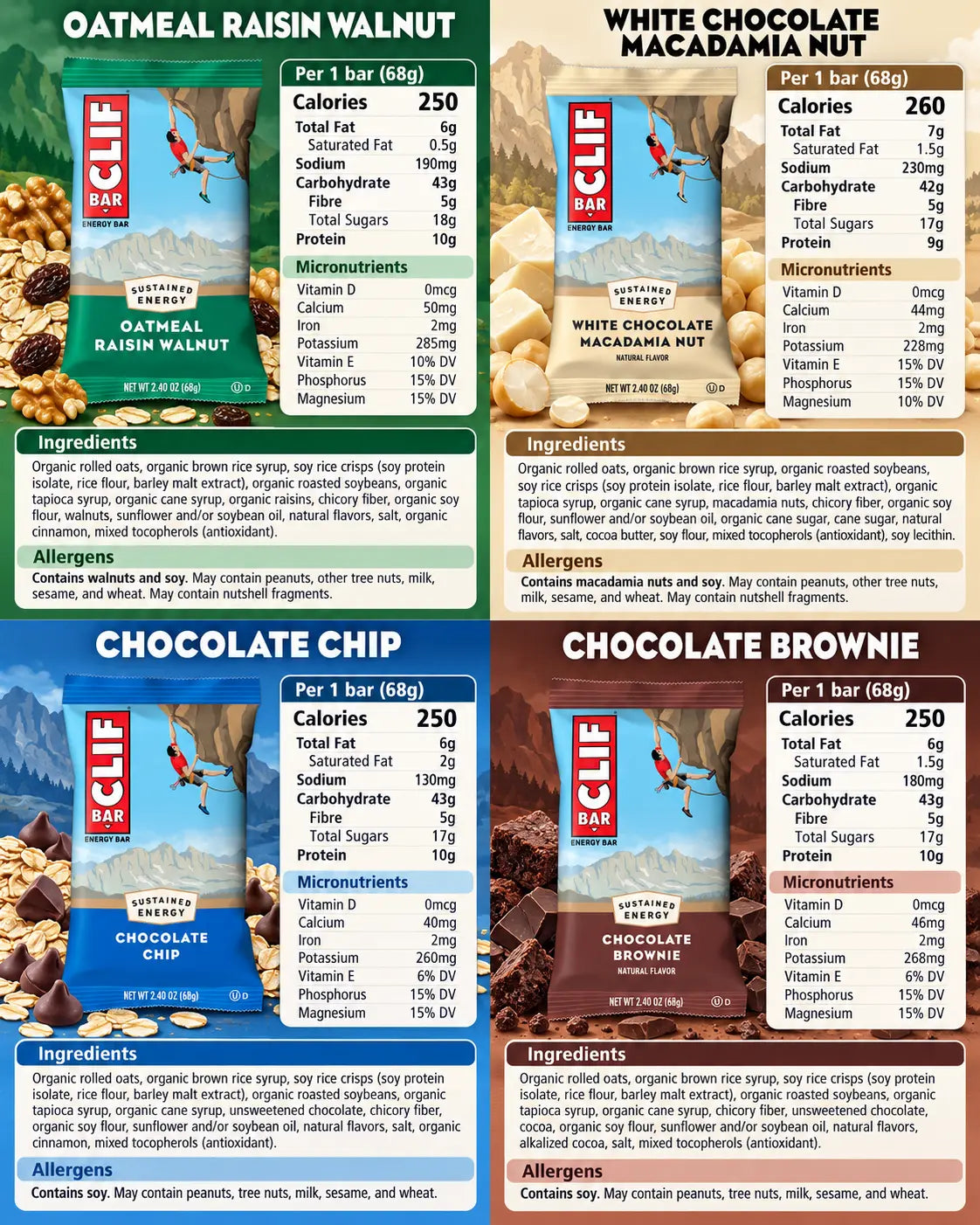 CLIF BAR nutrition ingredients and allergens for Oatmeal Raisin Walnut, White Chocolate Macadamia, Chocolate Chip and Chocolate Brownie