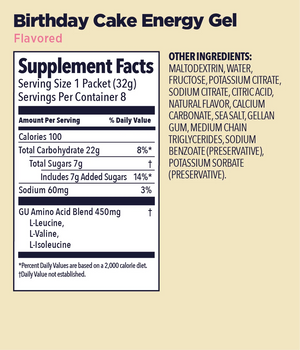 GU Original Energy Gel Birthday Cake 32g Supplement Facts