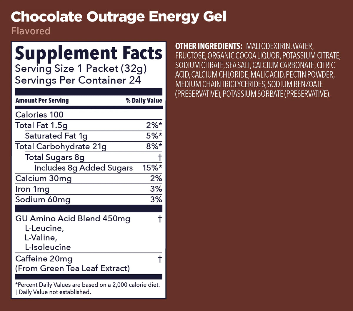 GU Original Energy Gel Chocolate Outrage 32g Supplement Facts