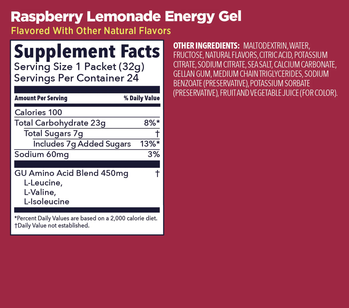 GU Original Energy Gel Raspberry Lemonade 32g Supplement Facts