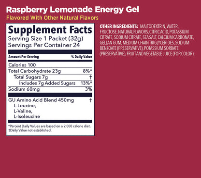 GU Original Energy Gel Raspberry Lemonade 32g Supplement Facts