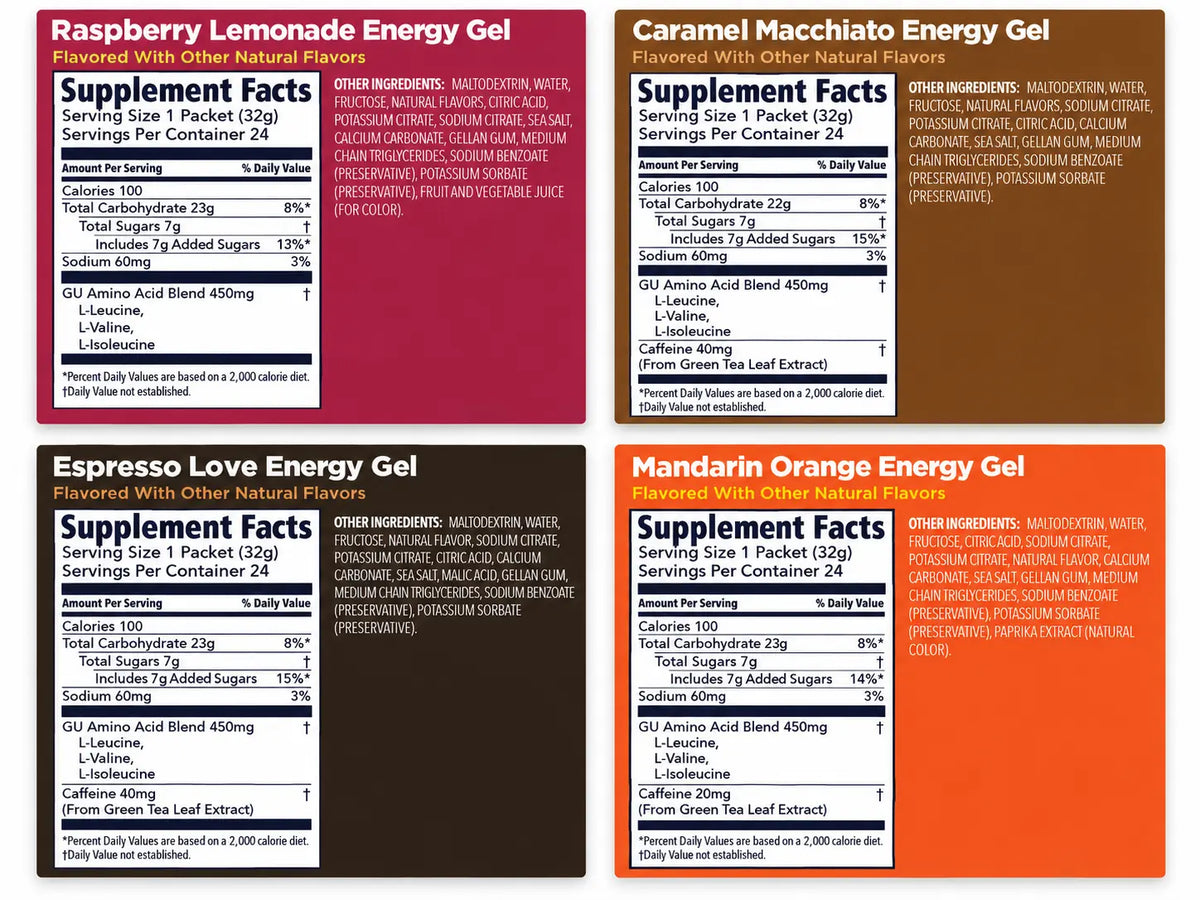 GU Original Energy Gel supplement facts and ingredients for Raspberry Lemonade, Caramel Macchiato, Espresso Love and Mandarin Orange