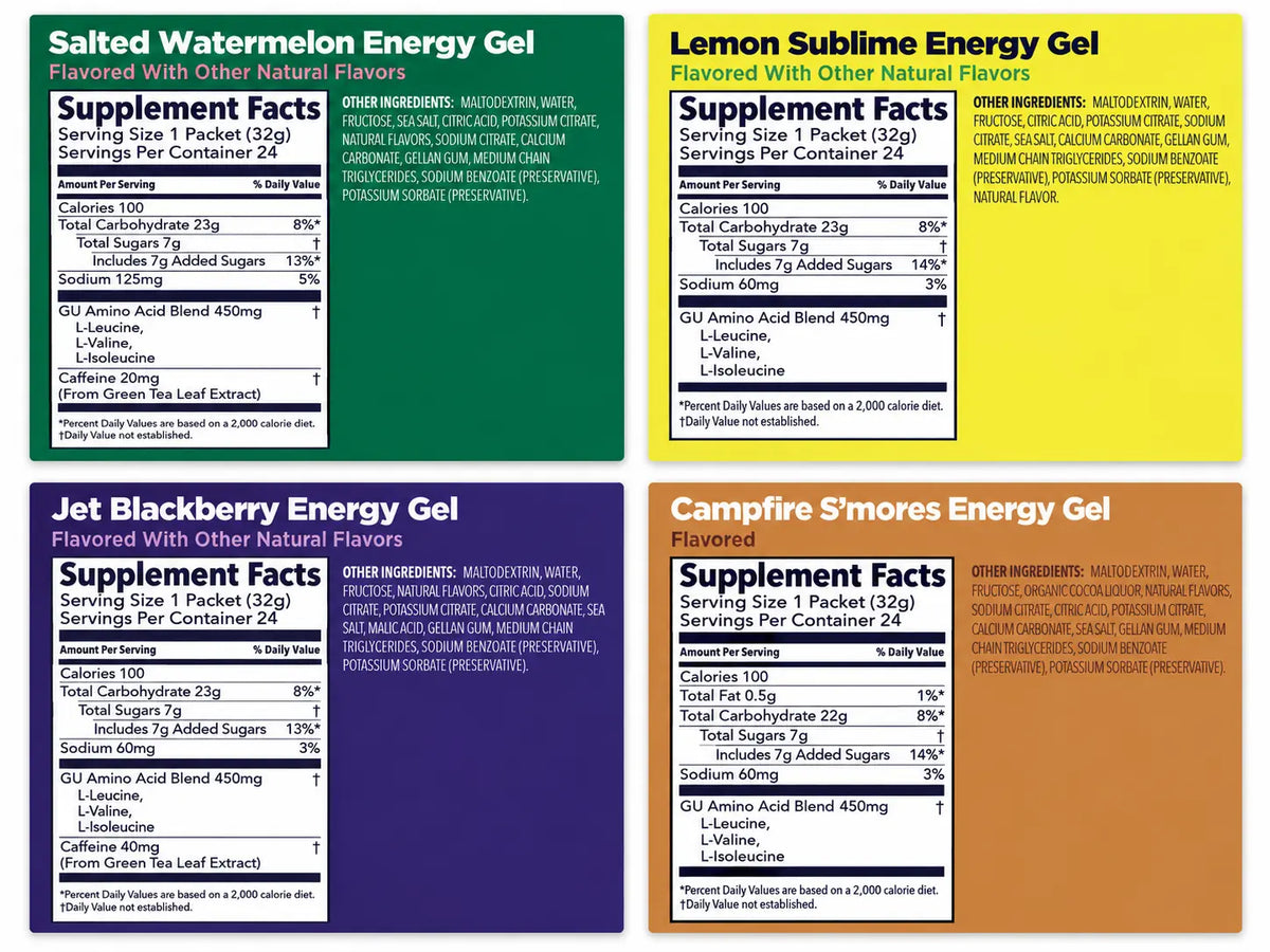 GU Original Energy Gel supplement facts and ingredients for Salted Watermelon, Lemon Sublime, Jet Blackberry and Campfire S'mores