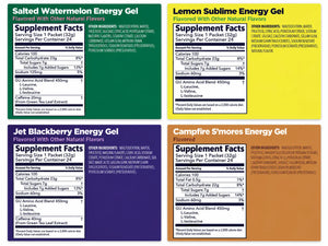 GU Original Energy Gel supplement facts and ingredients for Salted Watermelon, Lemon Sublime, Jet Blackberry and Campfire S'mores
