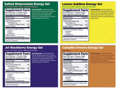 GU Original Energy Gel supplement facts and ingredients for Salted Watermelon, Lemon Sublime, Jet Blackberry and Campfire S'mores
