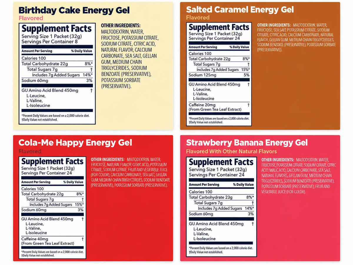 GU Original Energy Gel supplement facts and ingredients for Birthday Cake, Salted Caramel, Cola Me Happy and Strawberry Banana