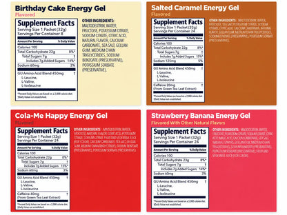 GU Original Energy Gel supplement facts and ingredients for Birthday Cake, Salted Caramel, Cola Me Happy and Strawberry Banana