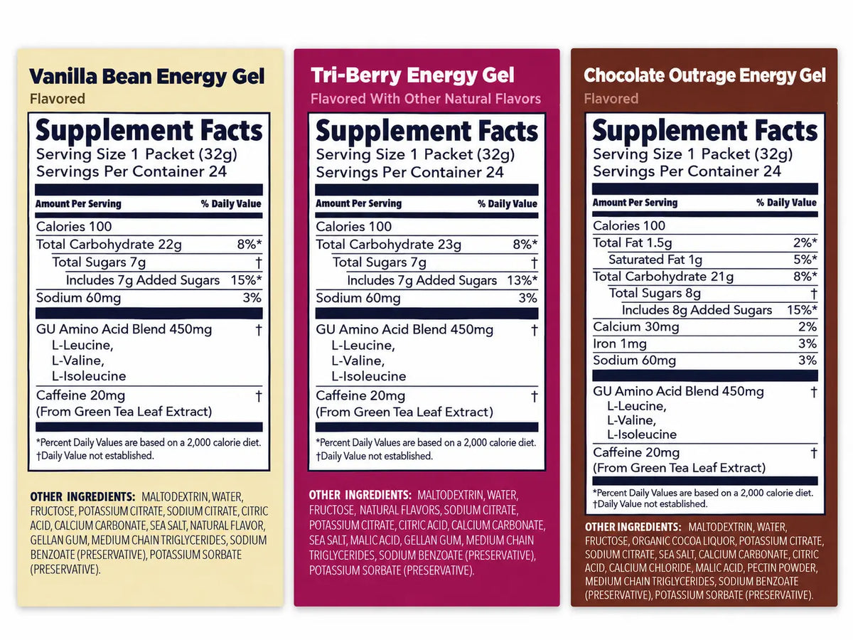 GU Original Energy Gel supplement facts and ingredients for Vanilla Bean, Tri-Berry and Chocolate Outrage