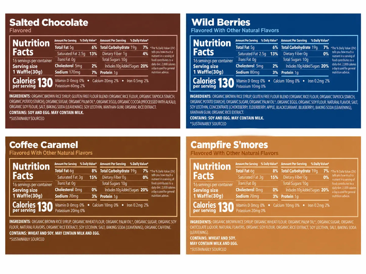 GU Energy Waffle nutrition facts and ingredients for Salted Chocolate, Wild Berries, Coffee Caramel and Campfire S'mores
