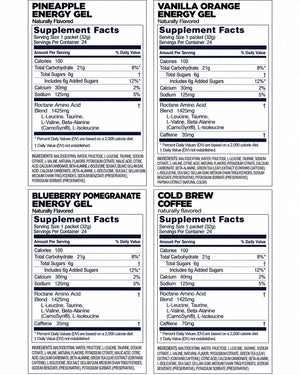 GU Roctane Energy Gel supplement facts and ingredients for Pineapple, Vanilla Orange, Blueberry Pomegranate and Cold Brew Coffee