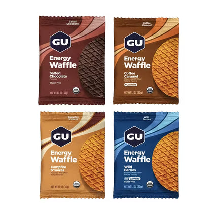 GU Energy Waffle 4 Pack Coffee Caramel Campfire S'mores Salted Chocolate and Wild Berries