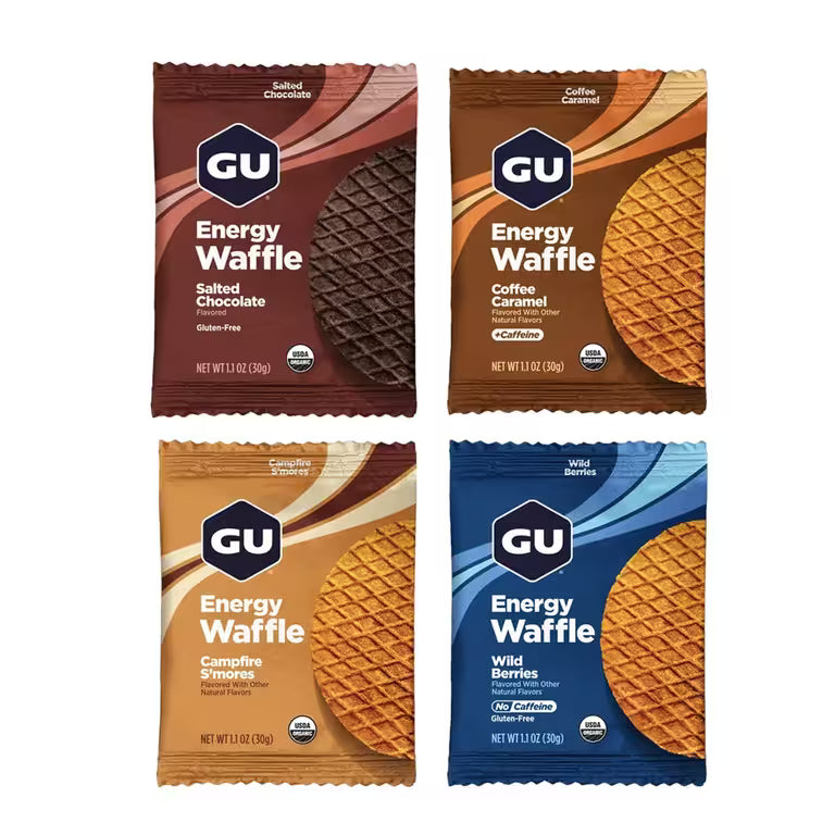 GU Energy Waffle 4 Pack Coffee Caramel Campfire S'mores Salted Chocolate and Wild Berries